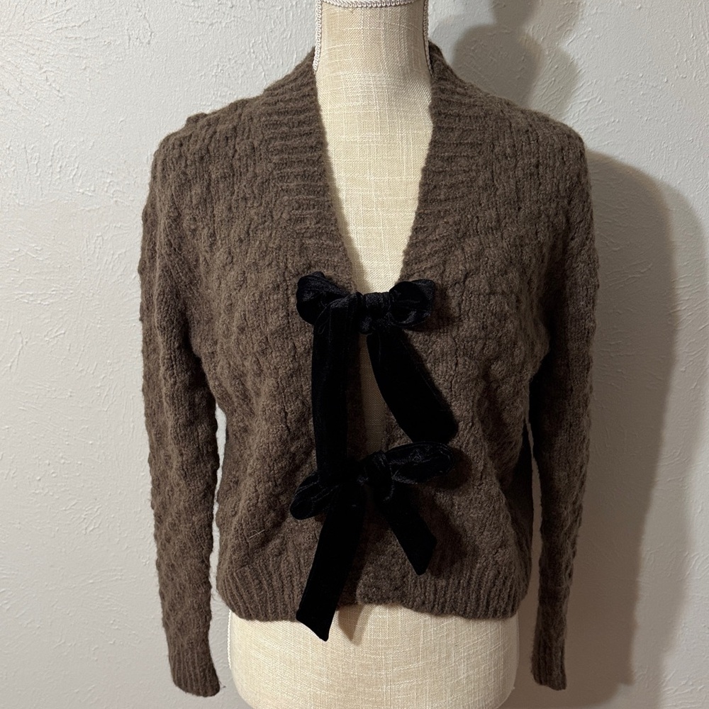 Astr Brown Cardigan with Black Bow Accents